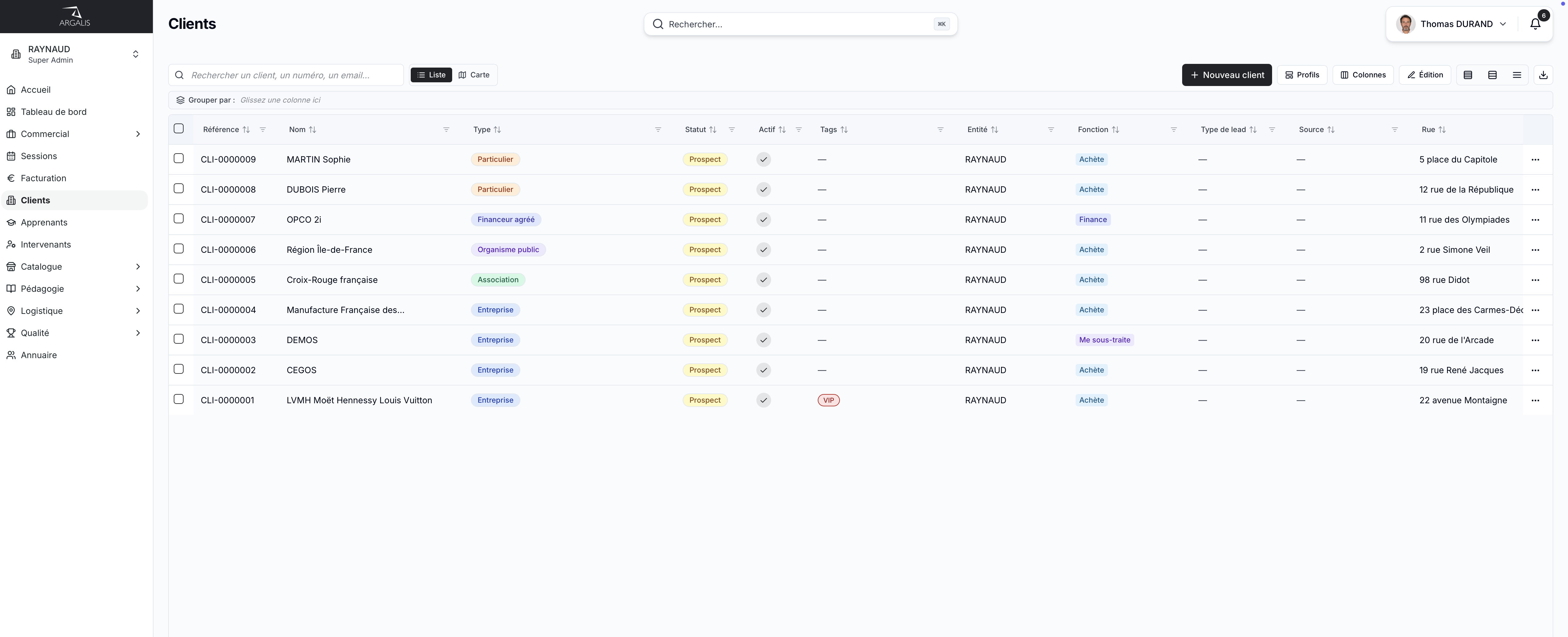 Tableau de bord Argalis V2 — CRM liste des clients